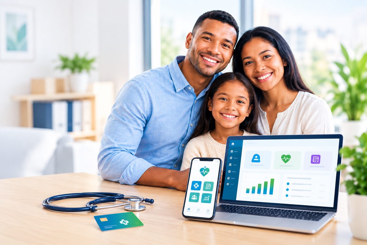 Famille souriante devant un ordinateur et un smartphone affichant le suivi de sa couverture santé