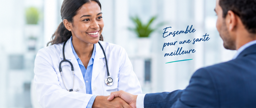 Poignée de main entre une médecin et un partenaire — Ensemble pour une santé meilleure